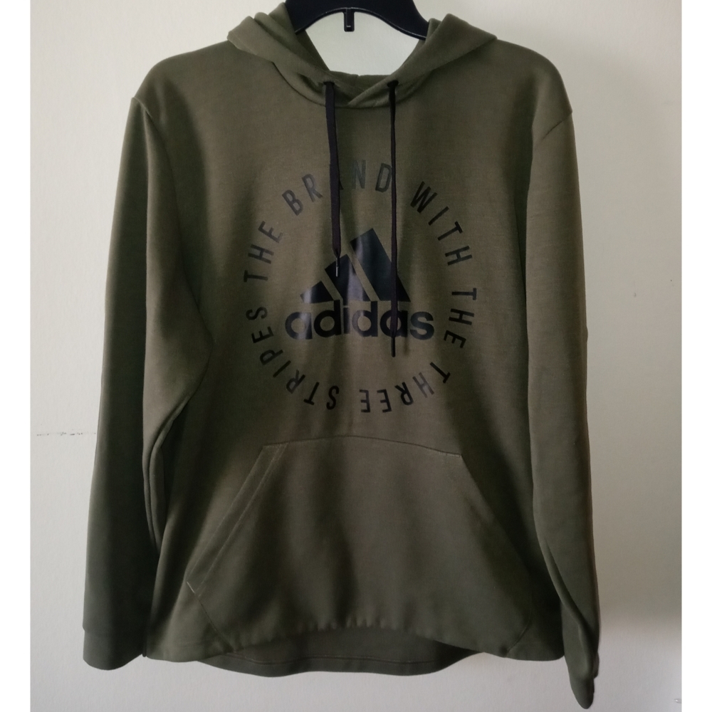 Olive green adidas hoodie with stripes on sleeve size L